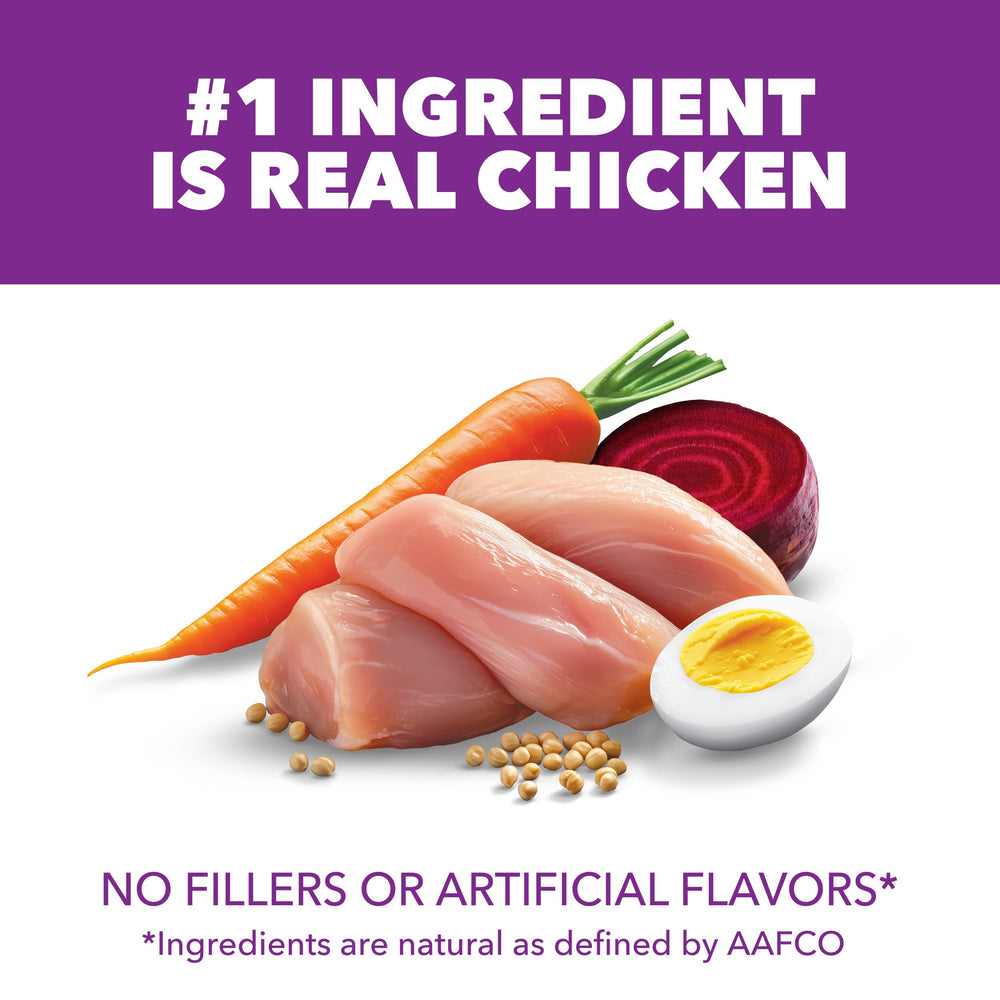IAMS kibble en tazón junto a pechuga de pollo real realzando proteína principal