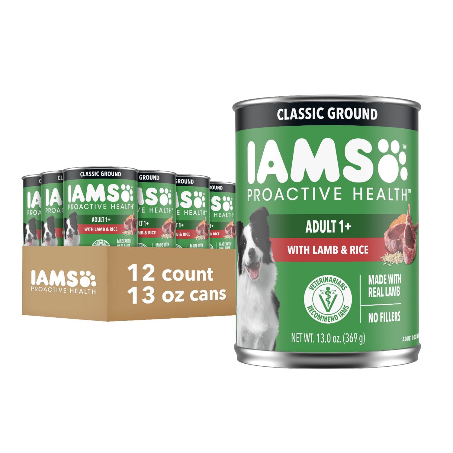 IAMS lata frente cordero y arroz mostrando etiqueta clara y beneficio nutricional
