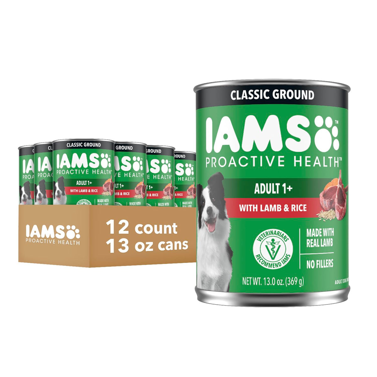 IAMS lata frente cordero y arroz mostrando etiqueta clara y beneficio nutricional