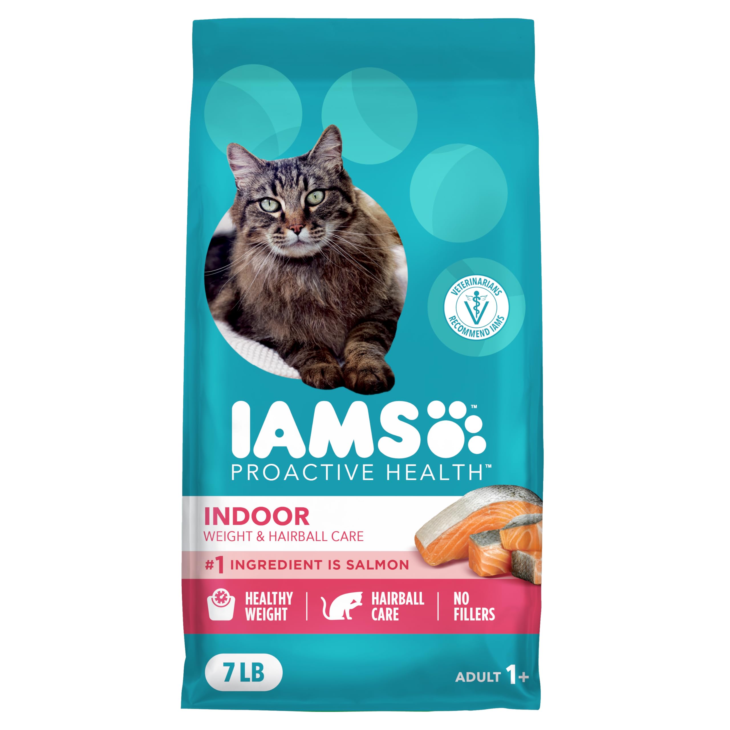IAMS paquete frontal salmón 7 lb mostrando el diseño y beneficios