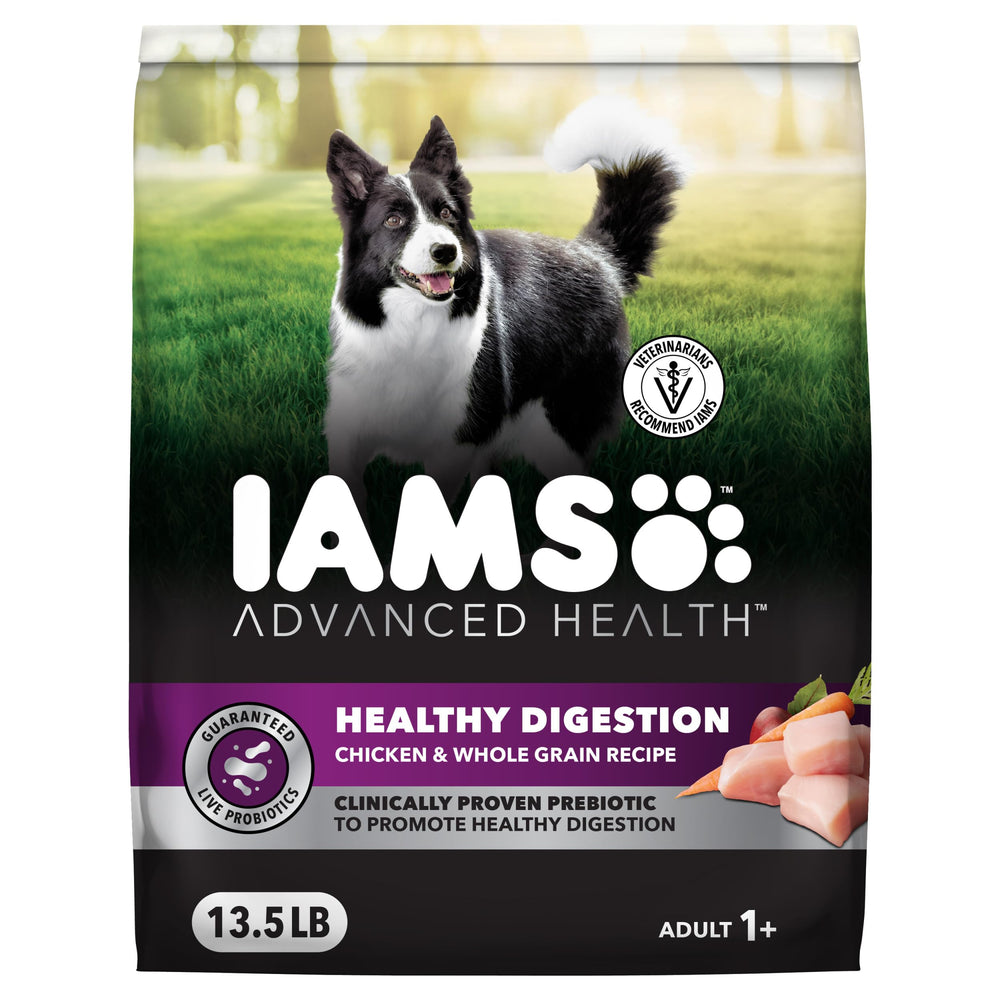 IAMS paquete frontal 13.5 lb mostrando fórmula Healthy Digestion y beneficio digestivo