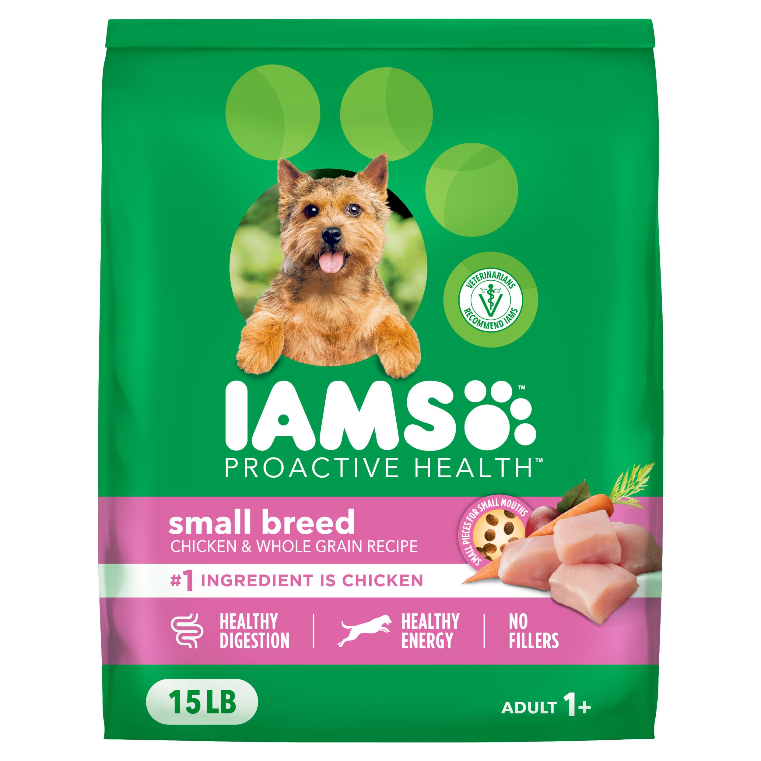 IAMS paquete frente 15 lb mostrando la receta de pollo y granos y conveniencia