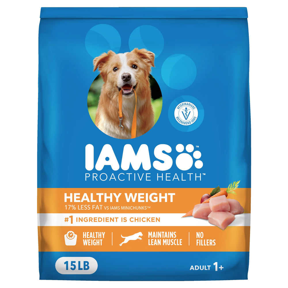 IAMS paquete frontal 15 lb mostrando fórmula Healthy Weight y beneficio control de peso
