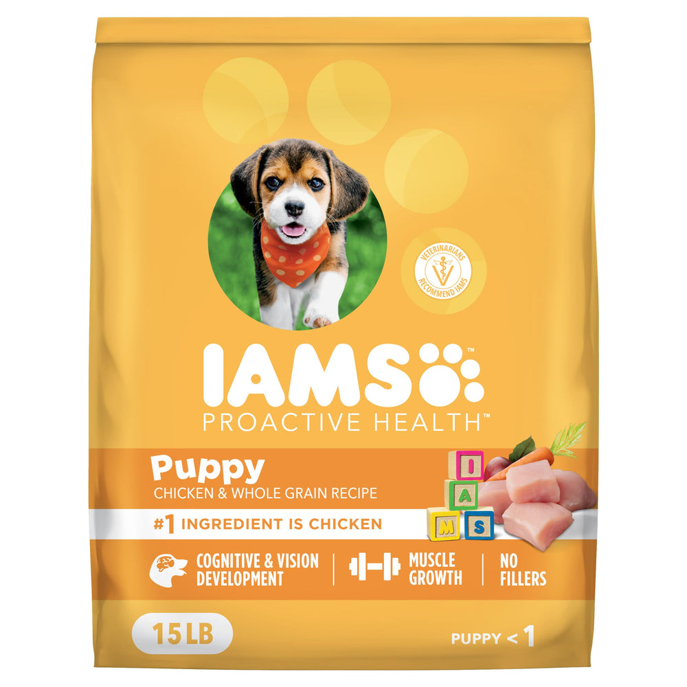 IAMS paquete frontal 15 lb mostrando fórmula para cachorros y beneficios clave