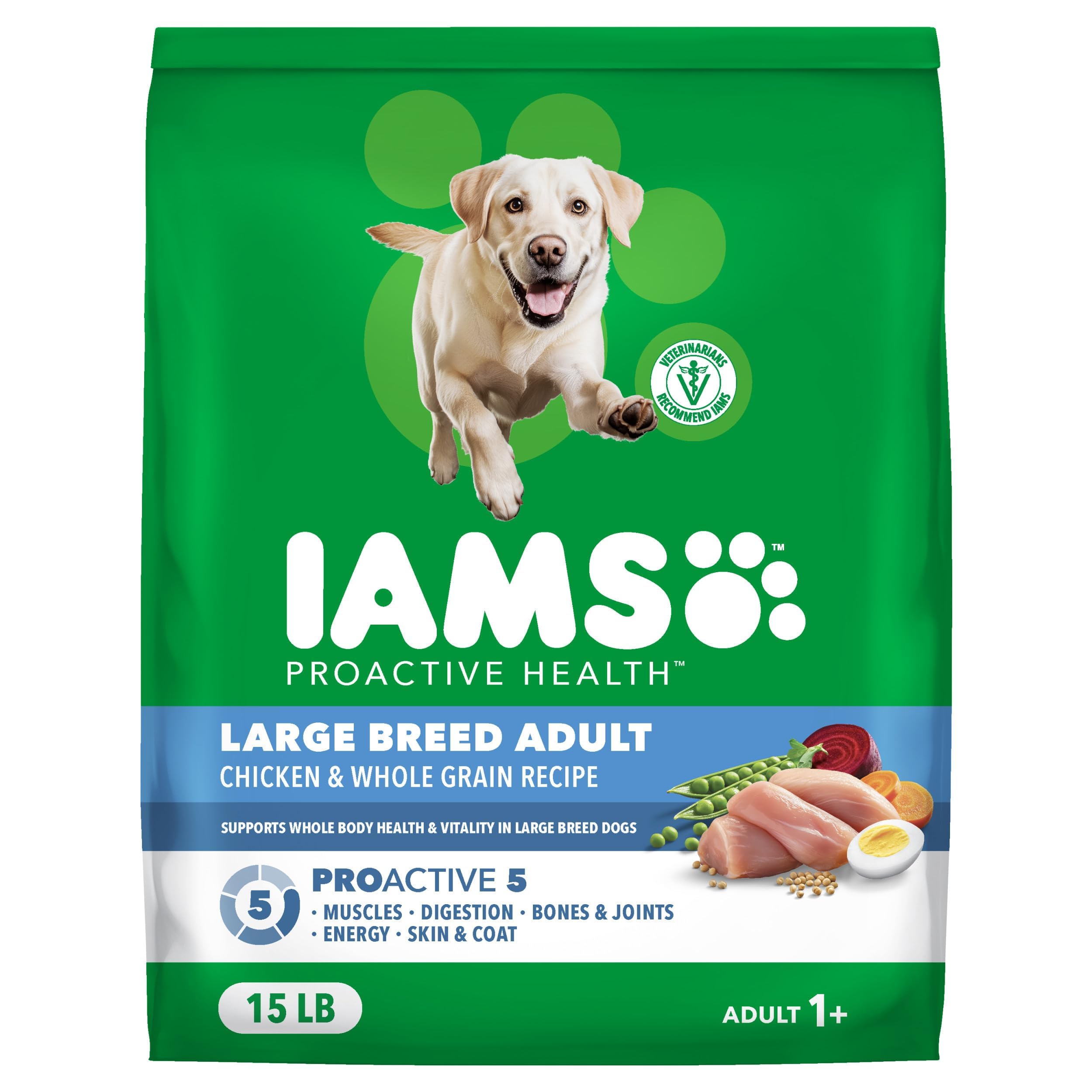 IAMS paquete frontal Large Breed con pollo, presentación clara y beneficios