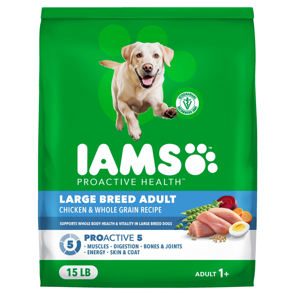IAMS paquete frontal Large Breed con pollo, presentación clara y beneficios