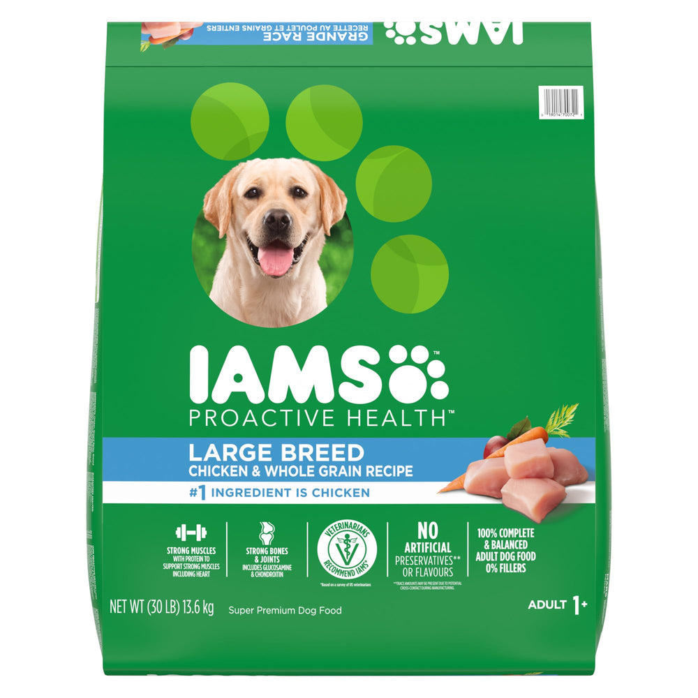 IAMS paquete frontal Large Breed mostrando receta de pollo y beneficio equilibrado