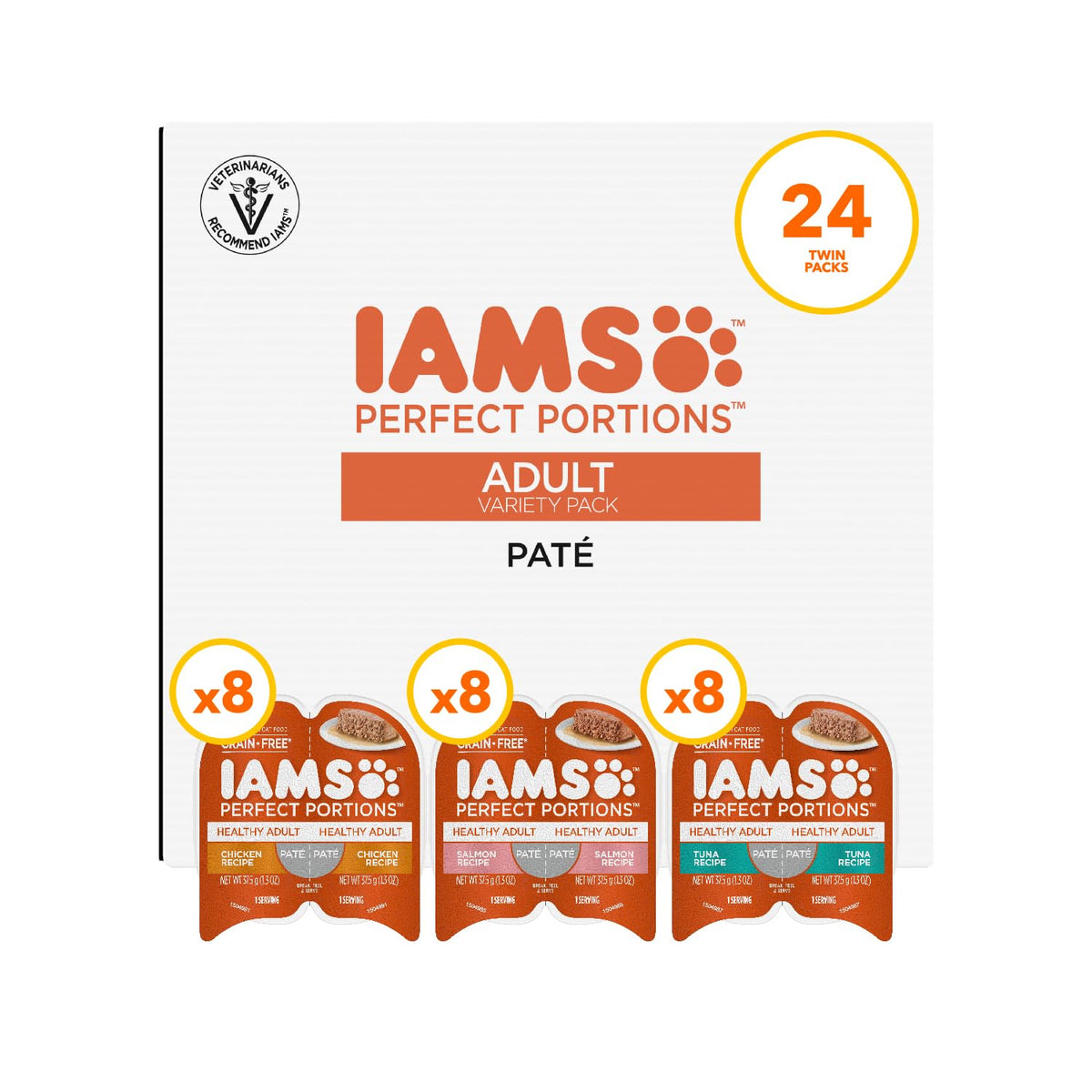 IAMS envase frontal mostrando pack de 24 beneficios de porciones exactas
