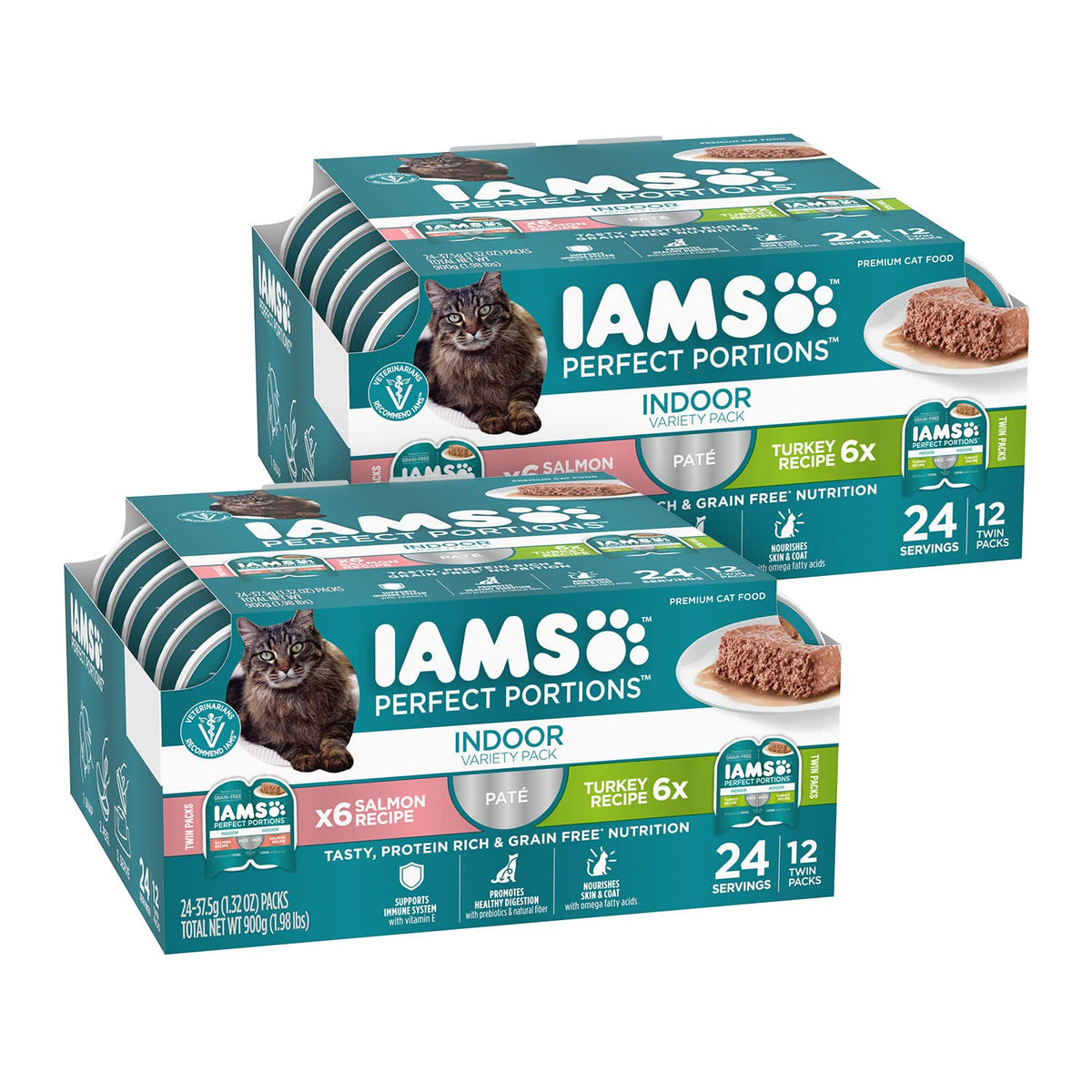 IAMS envase frontal mostrando el pack doble y beneficio practicidad