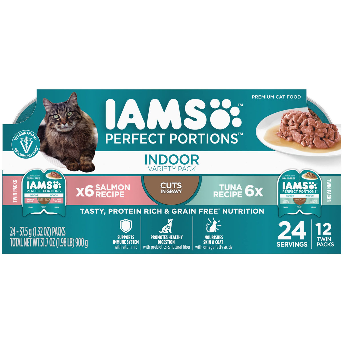 IAMS paquete frontal mostrando diseño y variedad Atún y Salmón para conveniencia