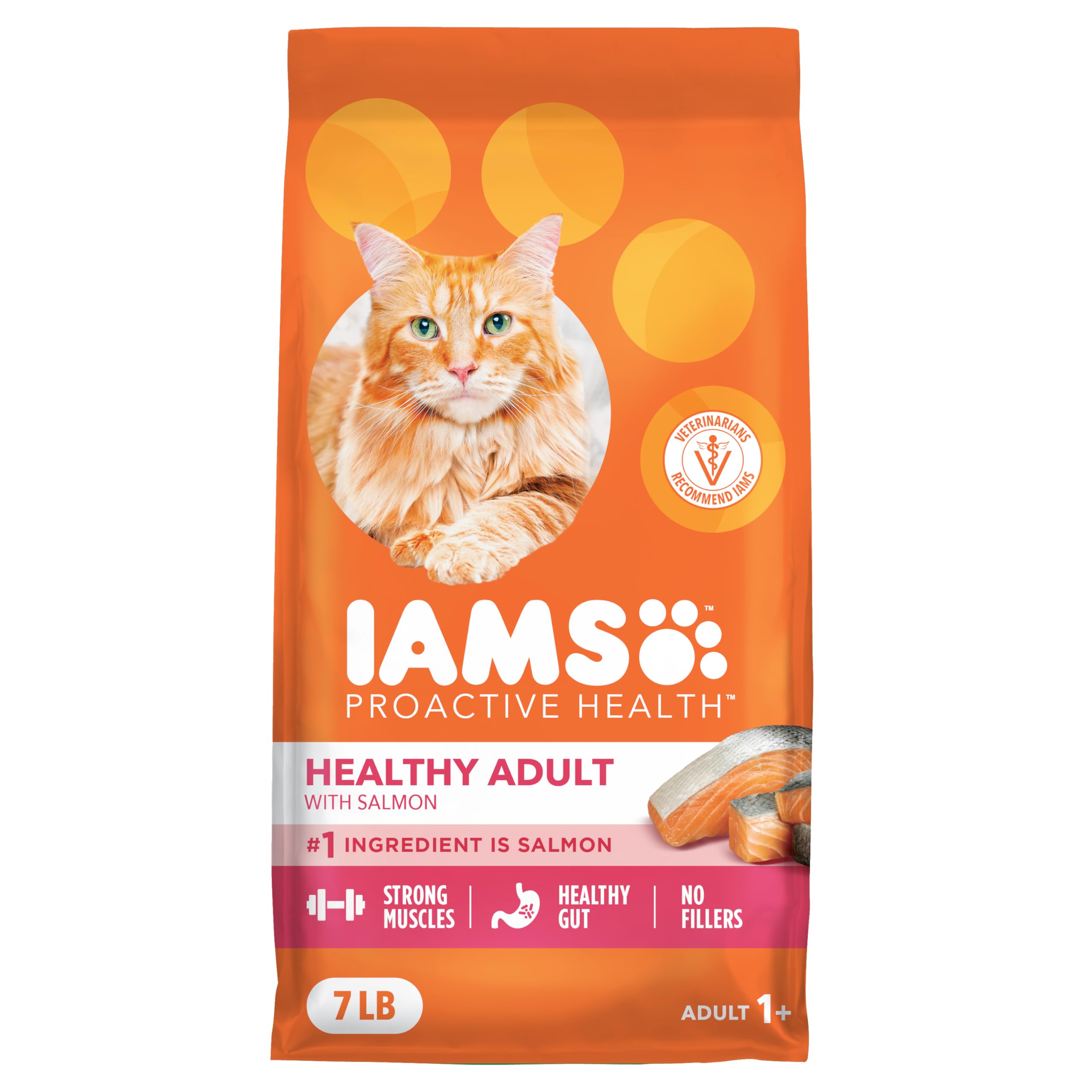 IAMS saco frontal 7 lb con salmón mostrando la marca y beneficios