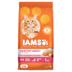 IAMS saco frontal 7 lb con salmón mostrando la marca y beneficios