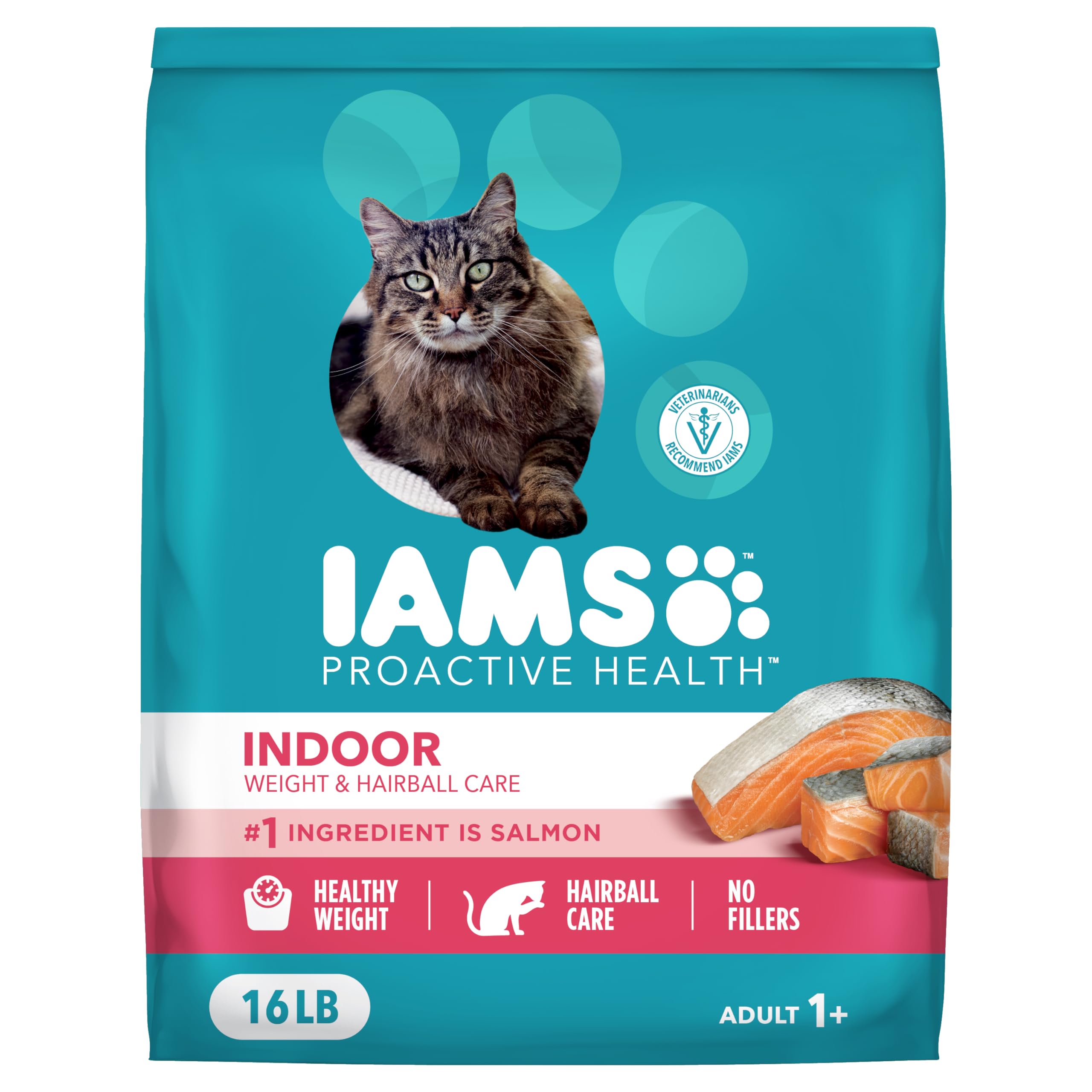 IAMS frontal del paquete con salmón y beneficios visibles