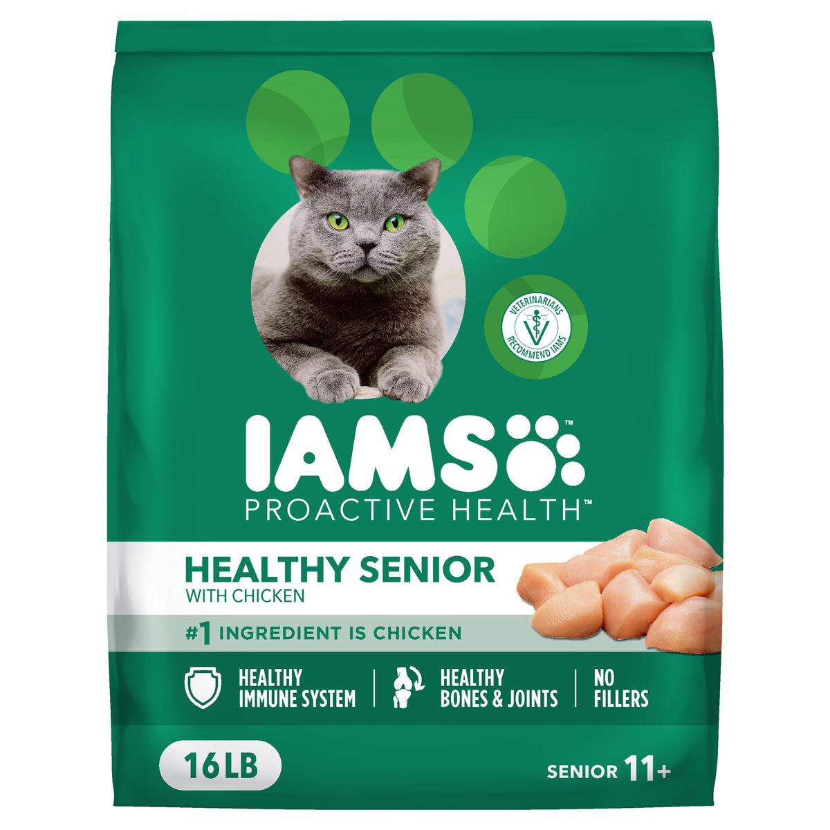 IAMS paquete frontal 16 lb mostrando receta para gatos senior y beneficios