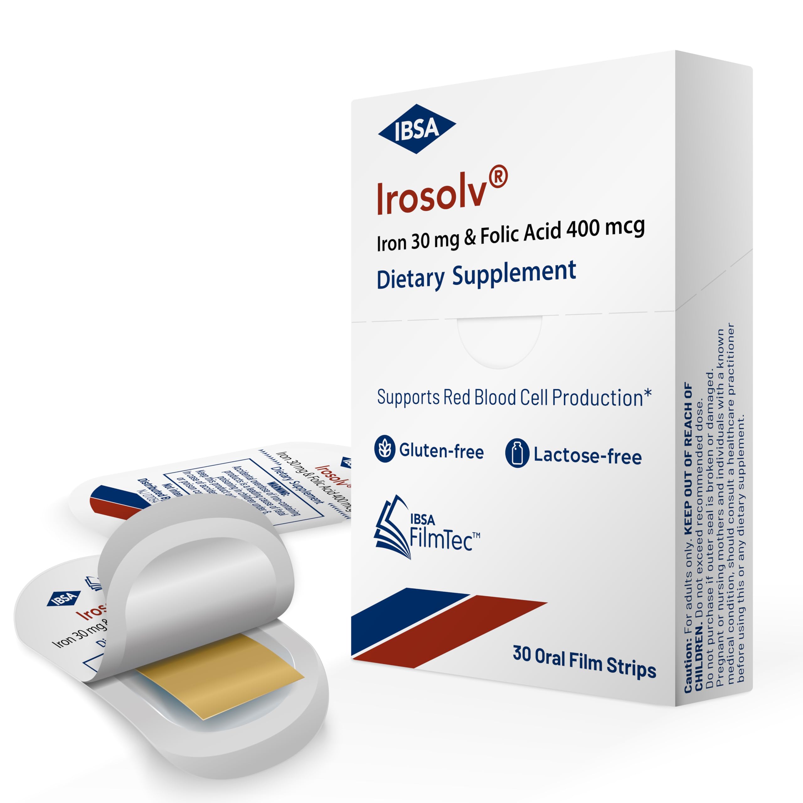 IBSA Irosolv empaque frontal mostrando 30 tiras y beneficios prácticos