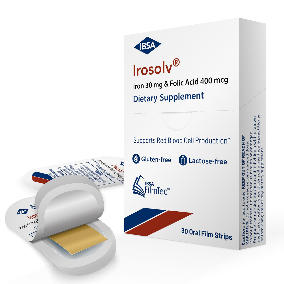 IBSA Irosolv empaque frontal mostrando 30 tiras y beneficios prácticos