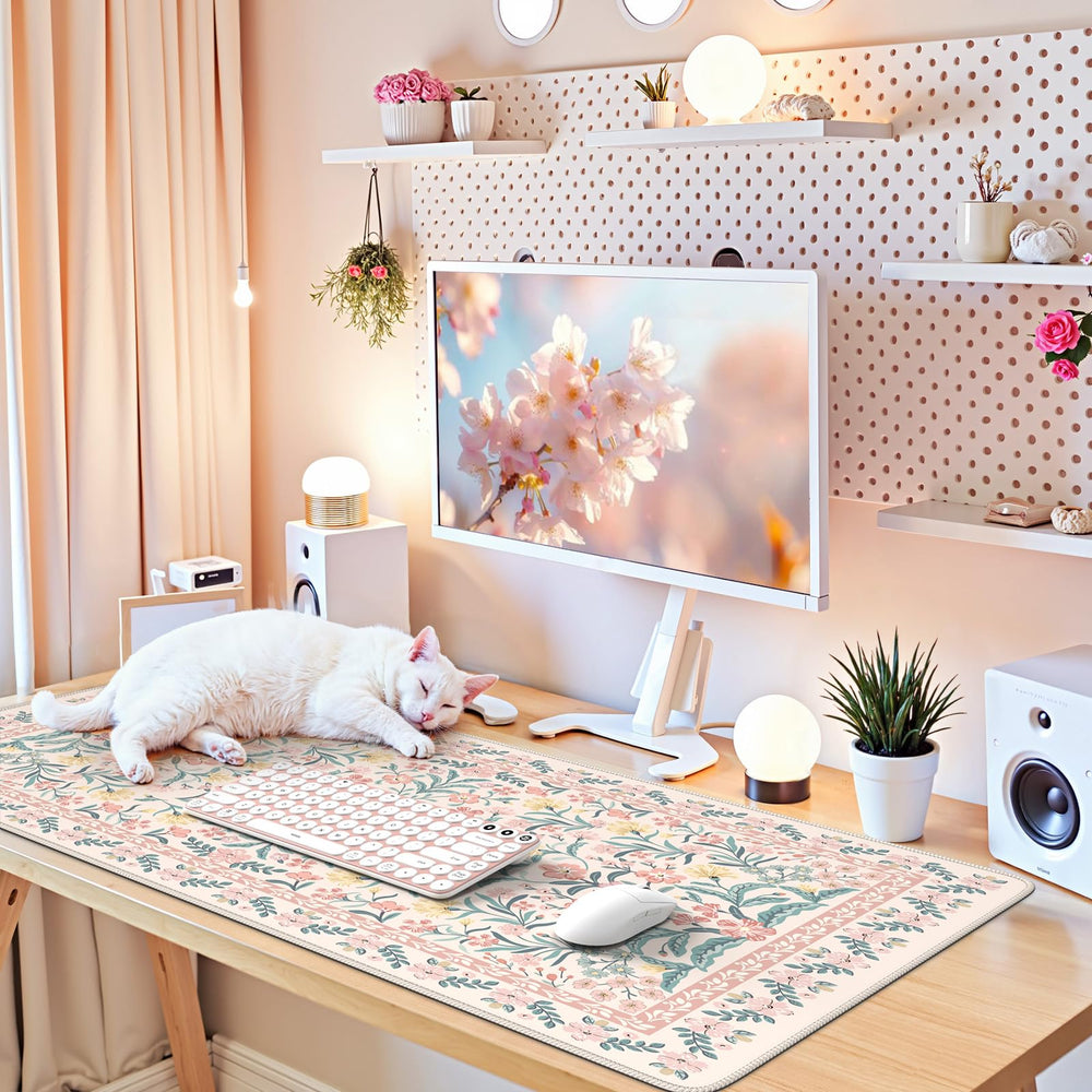 iCasso en entorno lifestyle decorando escritorio con estilo rosa