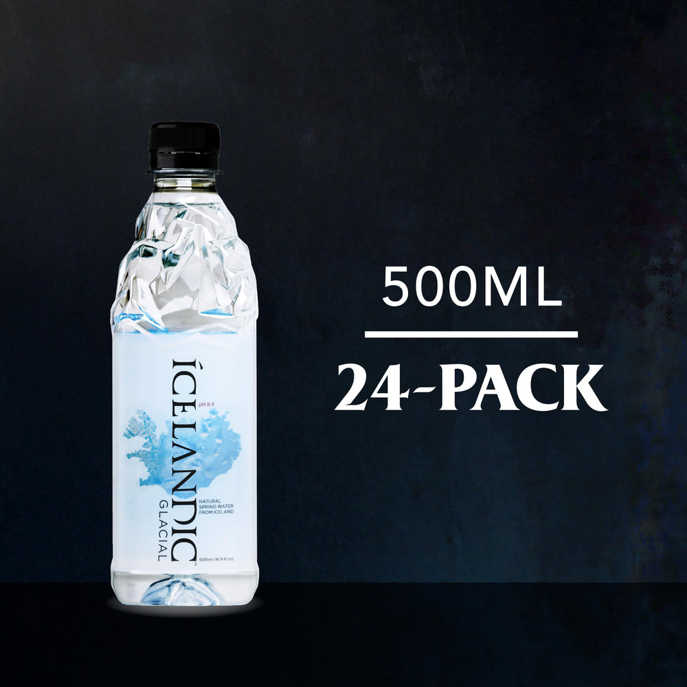 Icelandic Glacial etiqueta de botella con origen islandés visible