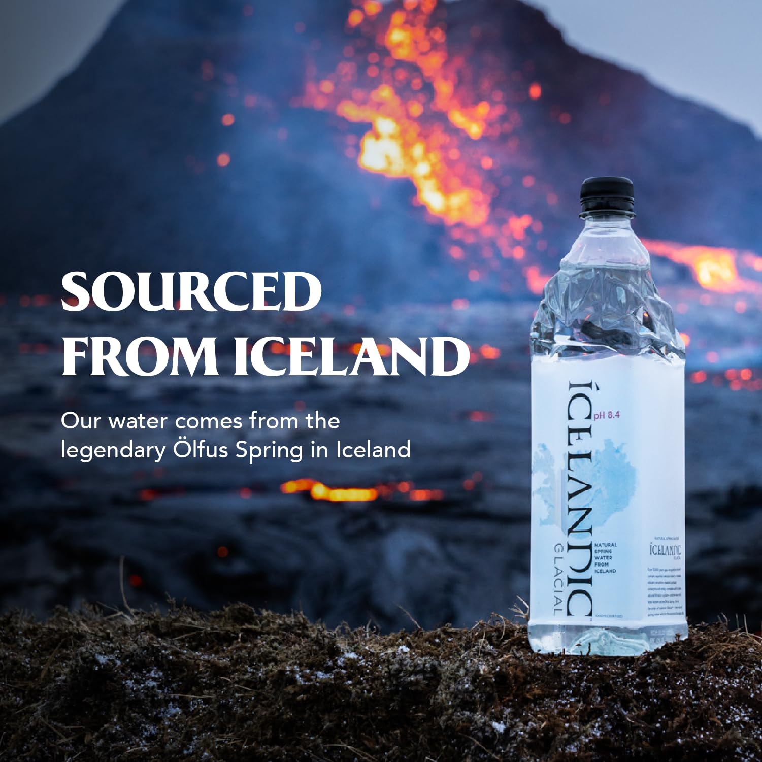 Icelandic Glacial etiqueta closeup indicando manantial Ölfus y procedencia pura