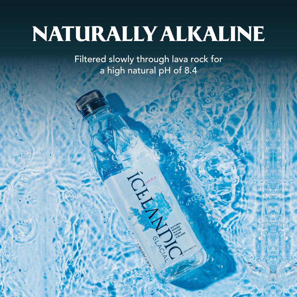 Icelandic Glacial etiqueta con información de pH 8.4 y origen del manantial