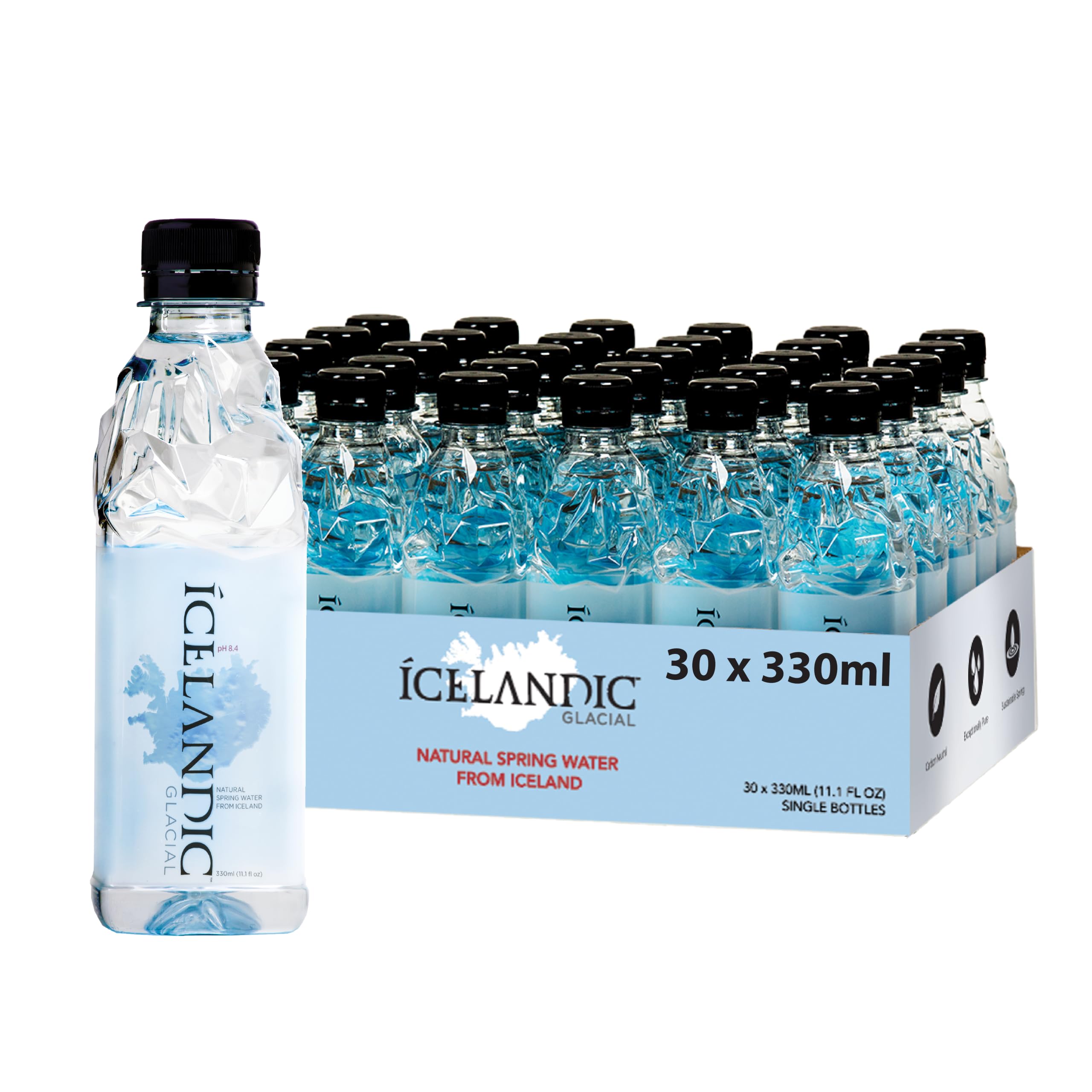 Icelandic Glacial botella frontal 330 mL con diseño inspirado en glaciares y refresco