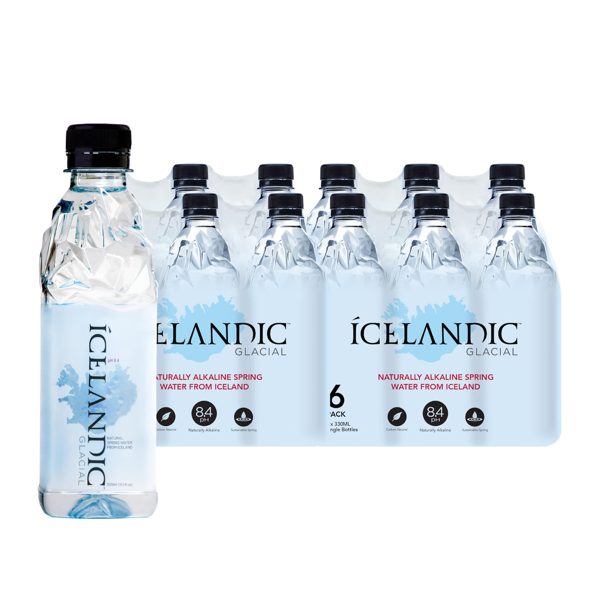 Icelandic Glacial botella frontal 330 mL mostrando logo y diseño premium