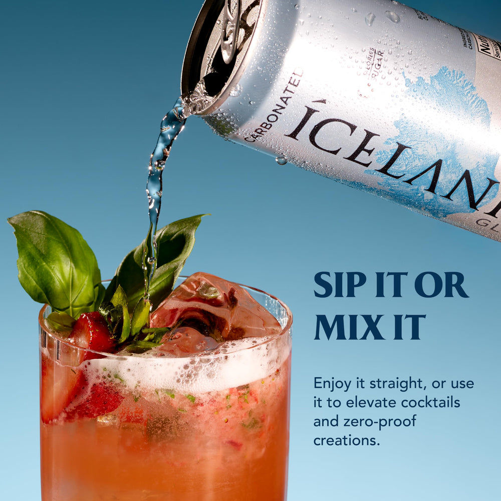 Icelandic Glacial lata en mano para ver tamaño y portabilidad