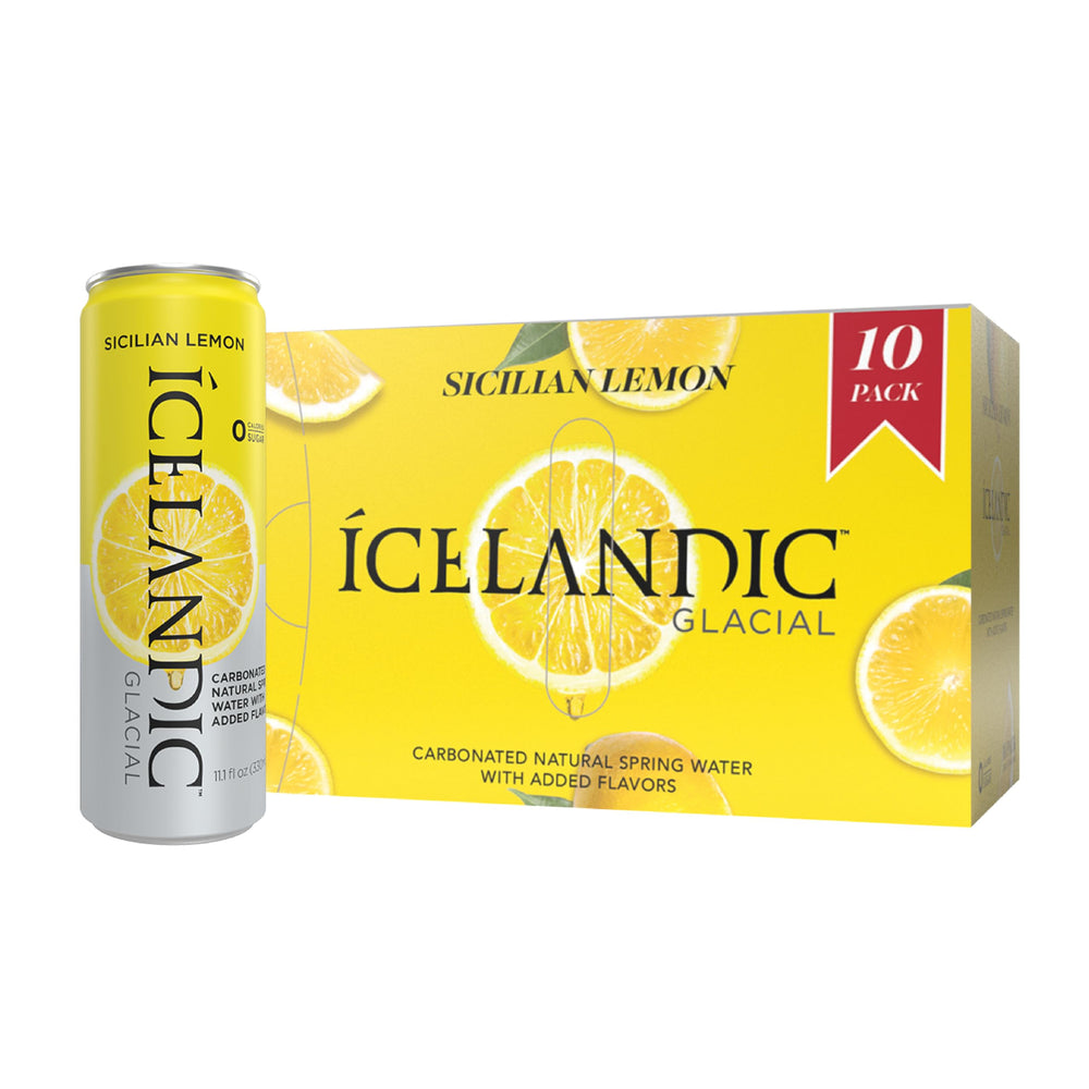 Icelandic Glacial lata frontal mostrando etiqueta y limón, refresco puro