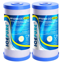 ICEPURE vista frontal del pack de 2 filtros mostrando dimensiones y sellado