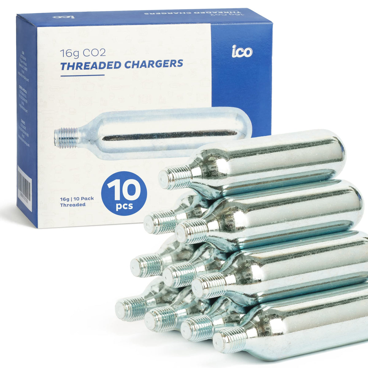 ICO cartucho CO2 16 g frontal mostrando etiqueta y rosca, inflado rápido