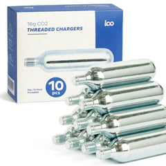 ICO cartucho CO2 16 g frontal mostrando etiqueta y rosca, inflado rápido