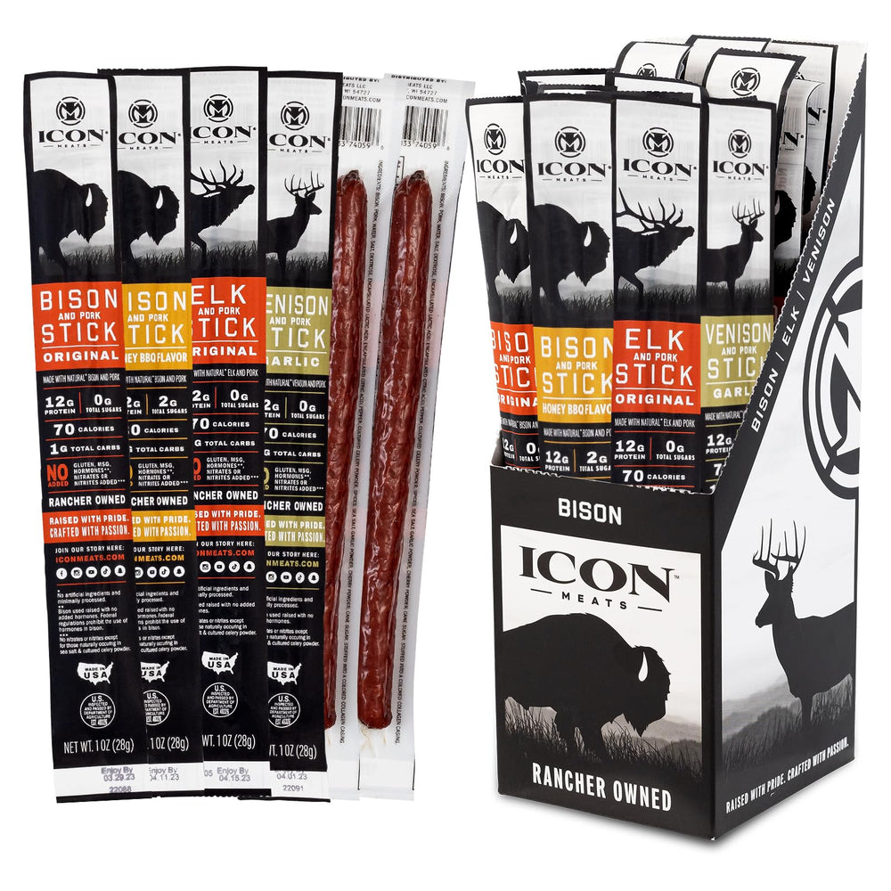 ICON Meats presentación frontal mostrando caja de 24 palitos, conveniente para viajes