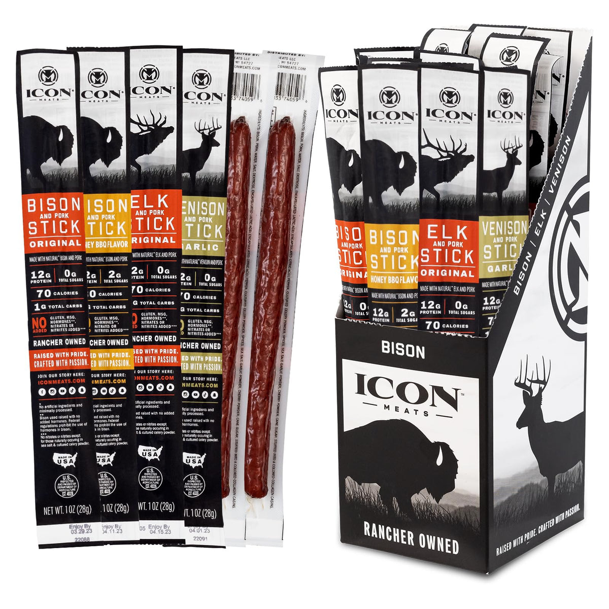 ICON Meats presentación frontal mostrando caja de 24 palitos, conveniente para viajes