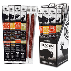 ICON Meats presentación frontal mostrando caja de 24 palitos, conveniente para viajes