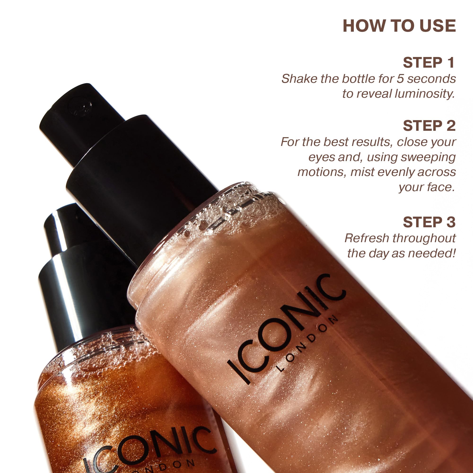 ICONIC LONDON spray aplicado sobre maquillaje para un acabado luminoso