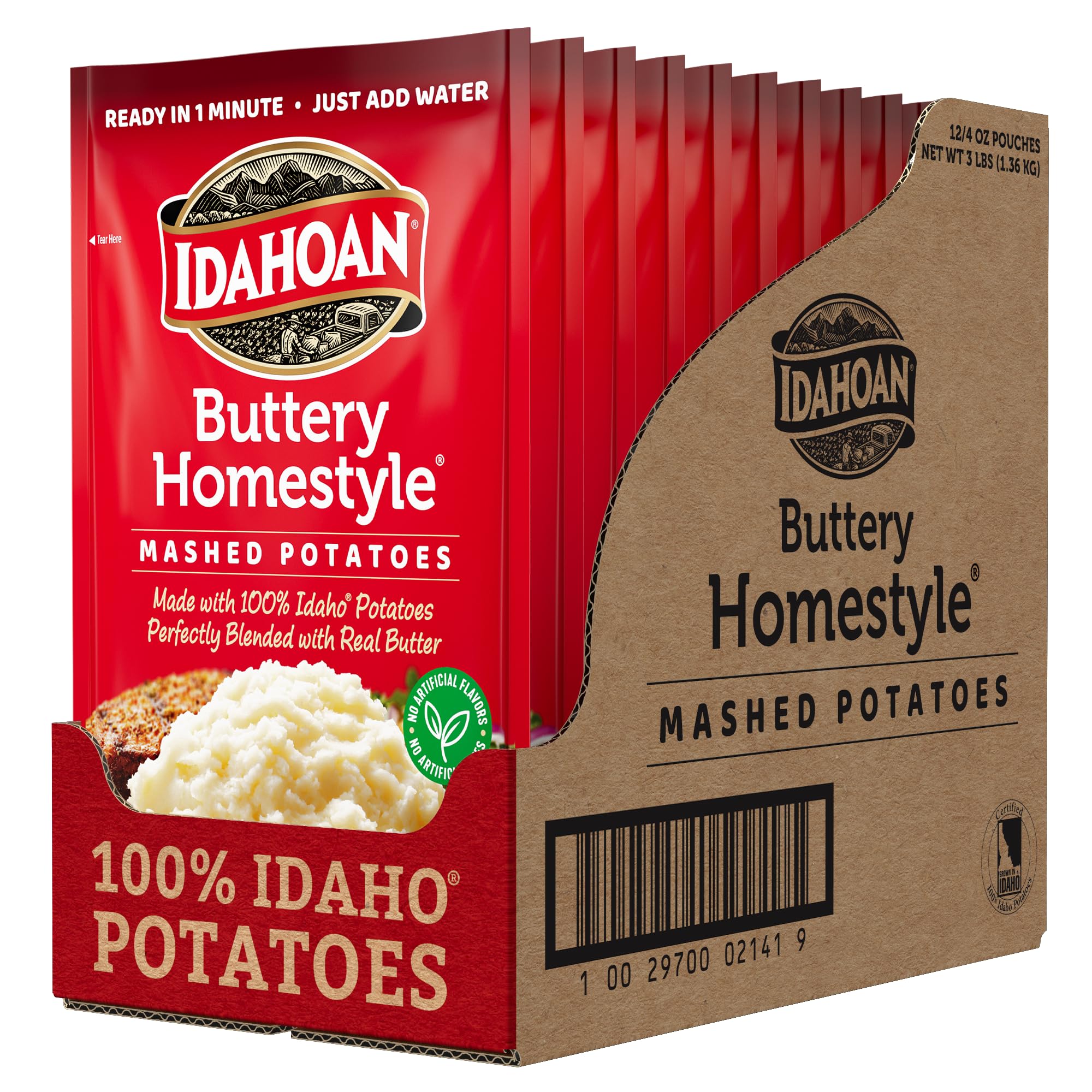Idahoan frente del empaque mostrando pack de 12 y preparación fácil