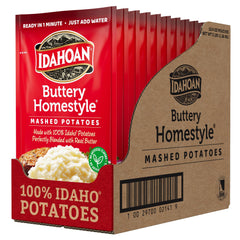 Idahoan frente del empaque mostrando pack de 12 y preparación fácil