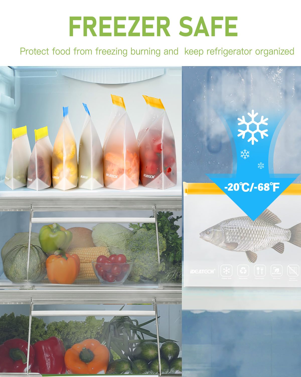 IDEATECH reusable bag in freezer illustrating freezer-safe freshness retention
