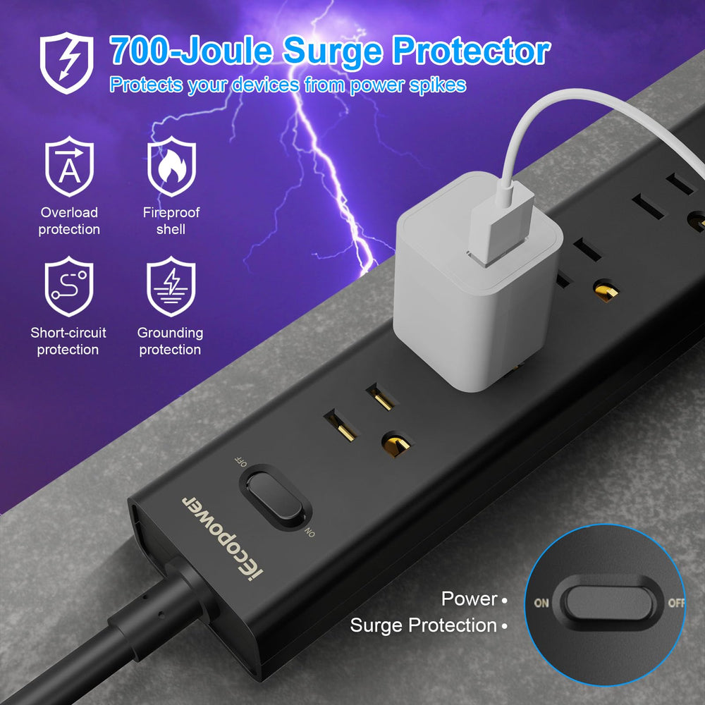 IECOPOWER regleta en uso en escritorio con laptop y teléfono cargando simultáneamente