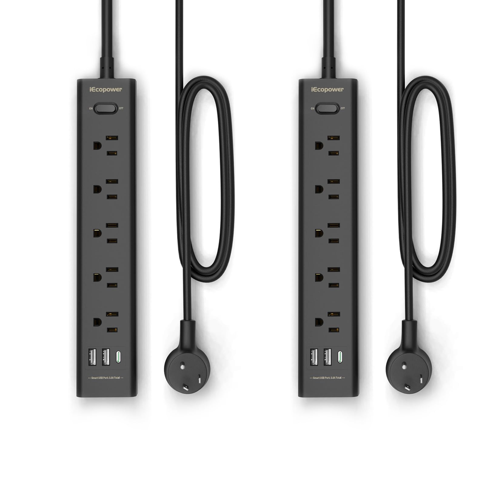 IECOPOWER regleta frontal con 5 enchufes y 3 puertos USB mostrando organización eficiente