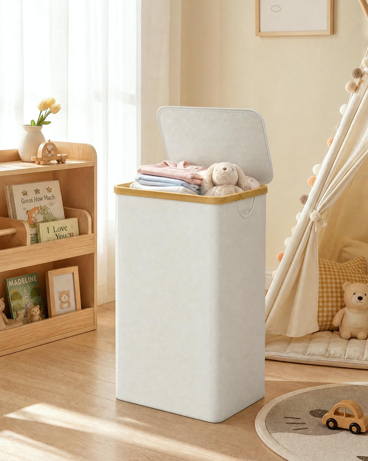 iEGrow in a styled bedroom showing neutral beige design keeping rooms tidy benefit