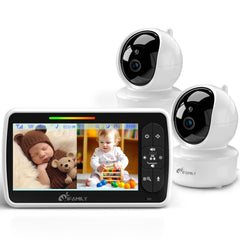 iFamily monitor frontal con pantalla dividida mostrando dos bebés, tranquilidad visual