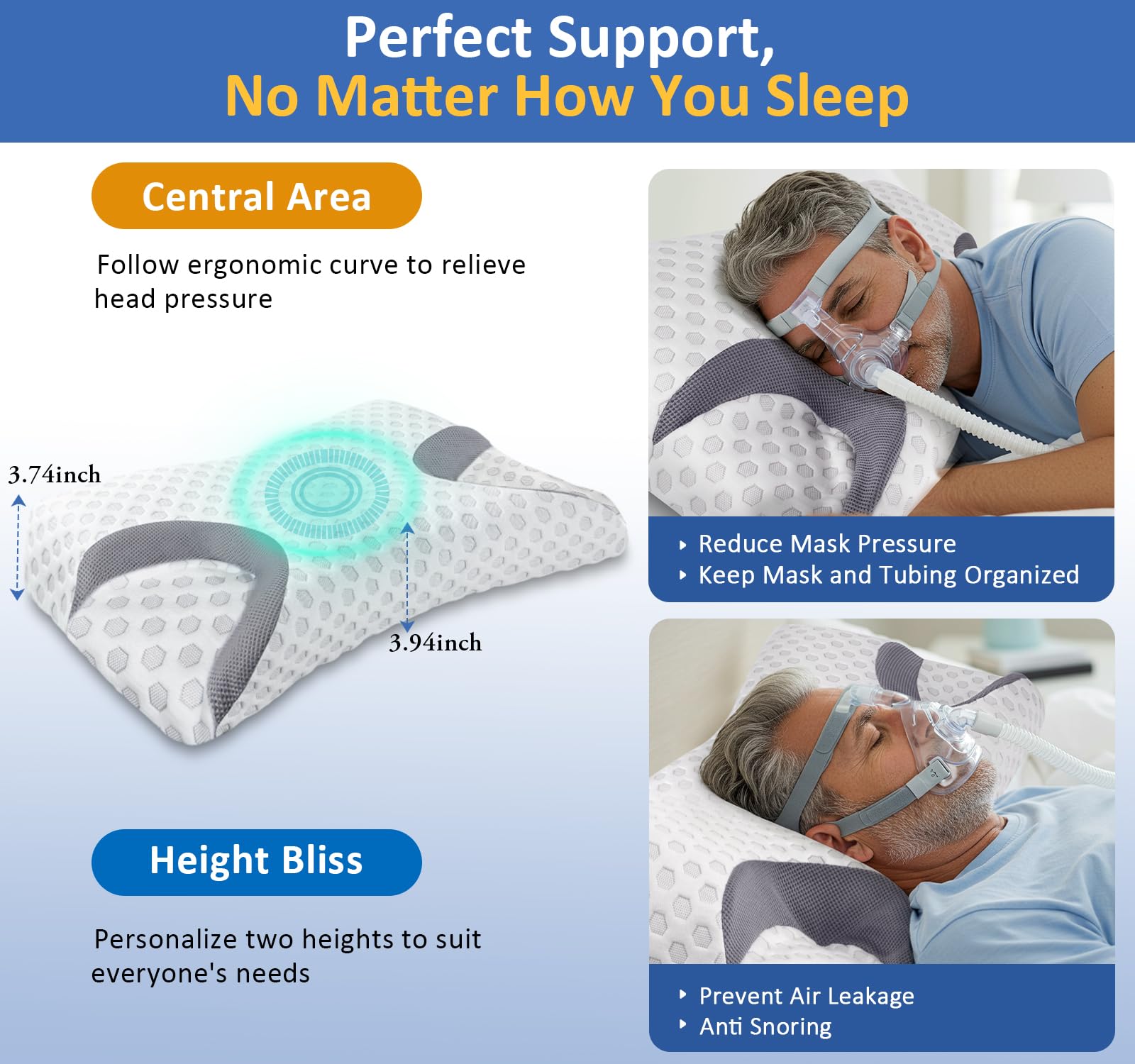 IKSTAR hendidura lateral que acomoda mascarilla CPAP evitando fugas y presión facial