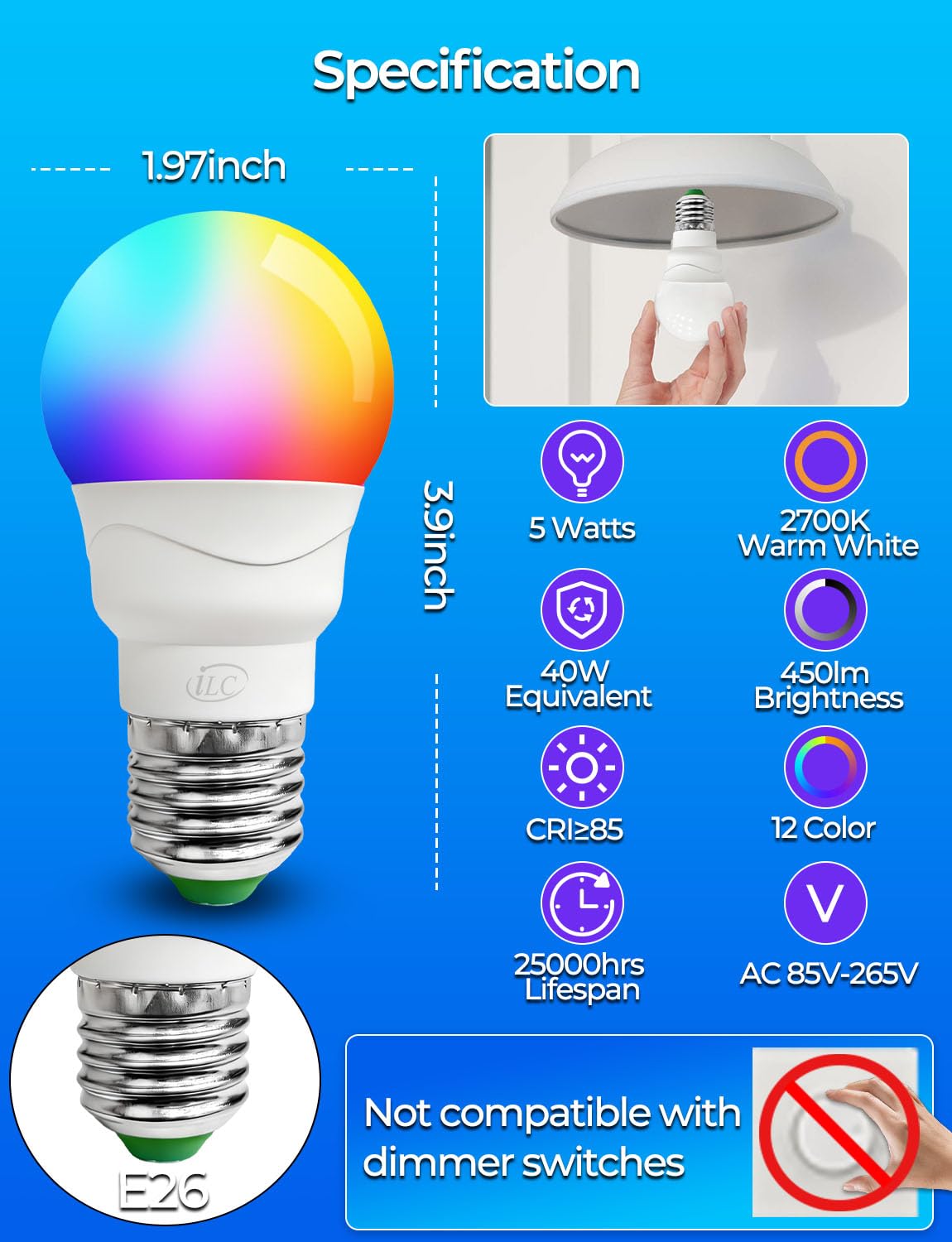 ILC casquillo E26 metálico visible para instalación segura y rápida