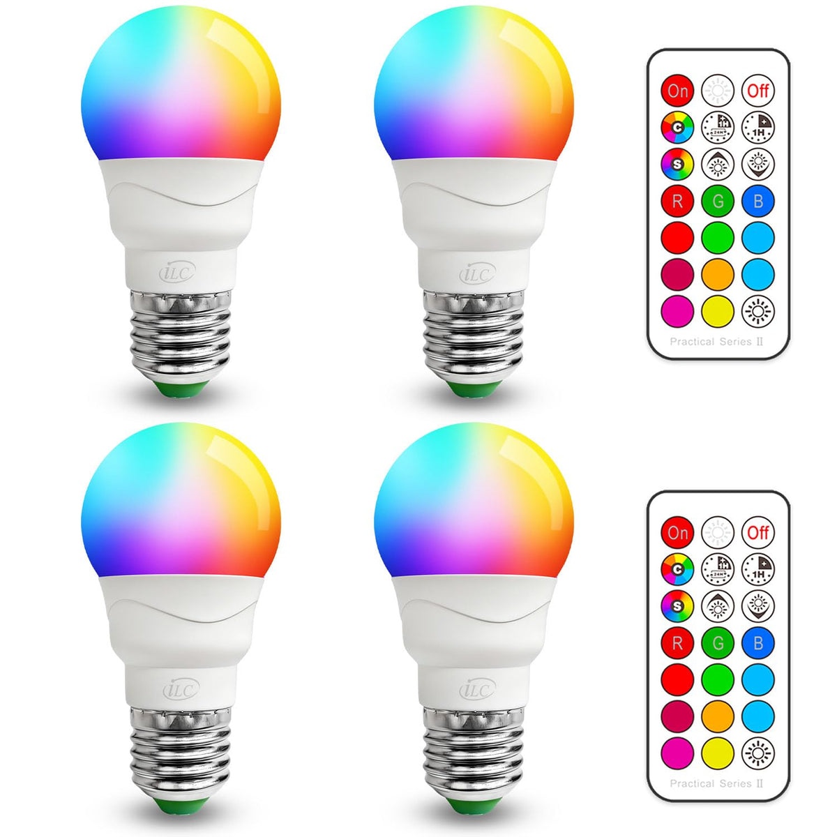 ILC bombilla frontal y empaque mostrando diseño compacto y ahorro energético
