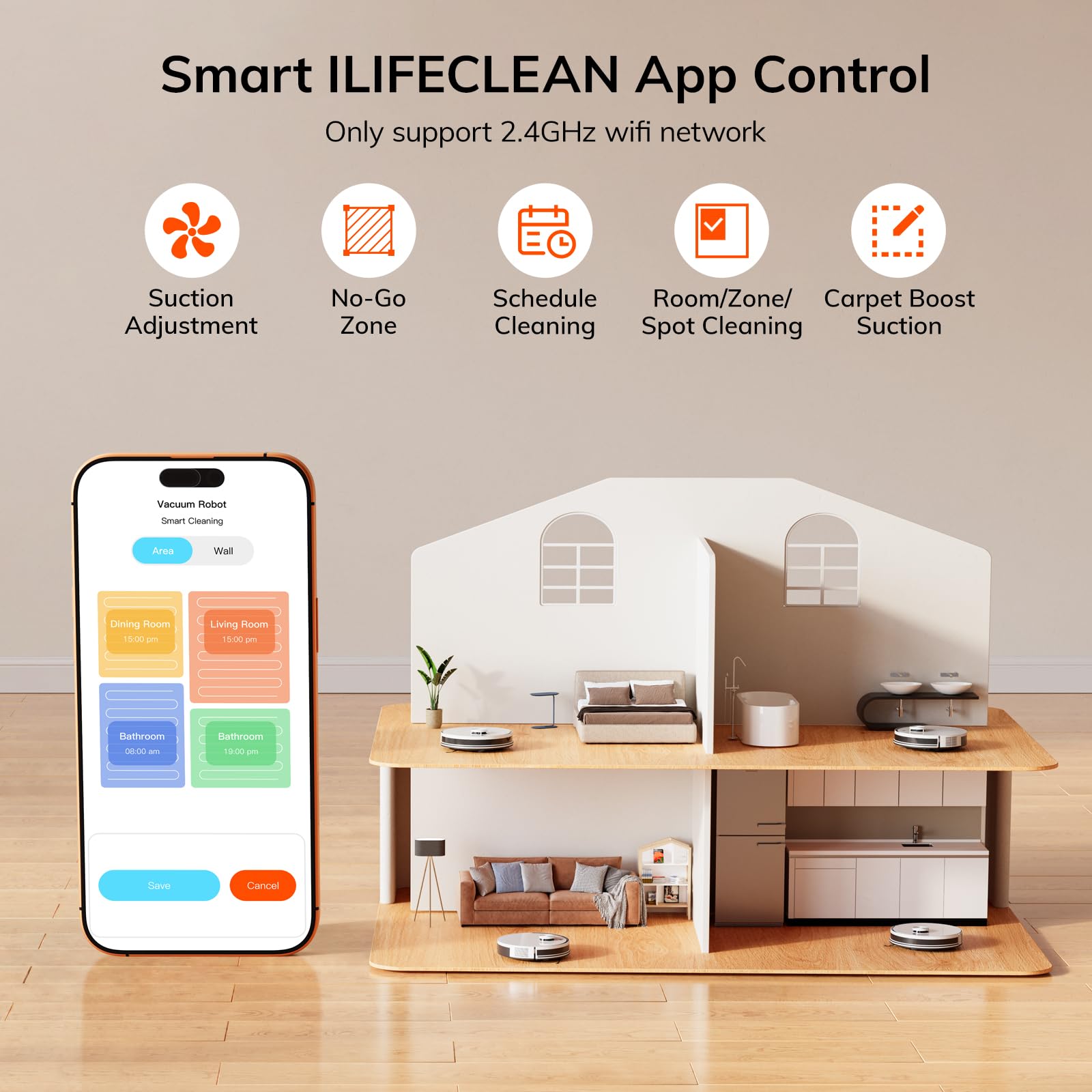 App ILIFE Clean en pantalla móvil controlando zonas, potencia y horarios