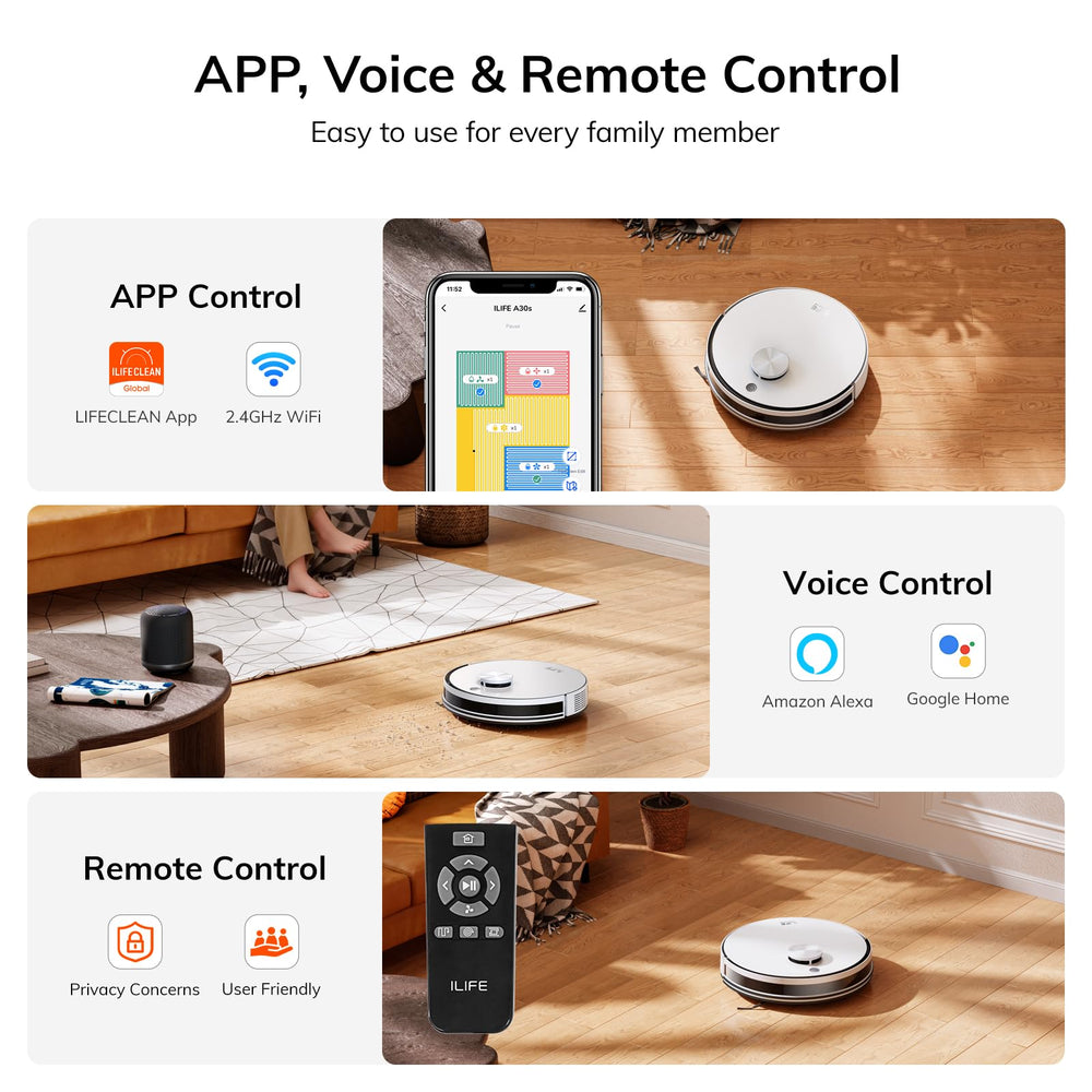 ILIFE A30s aspirando alrededor de un perro mostrando eficacia con pelo