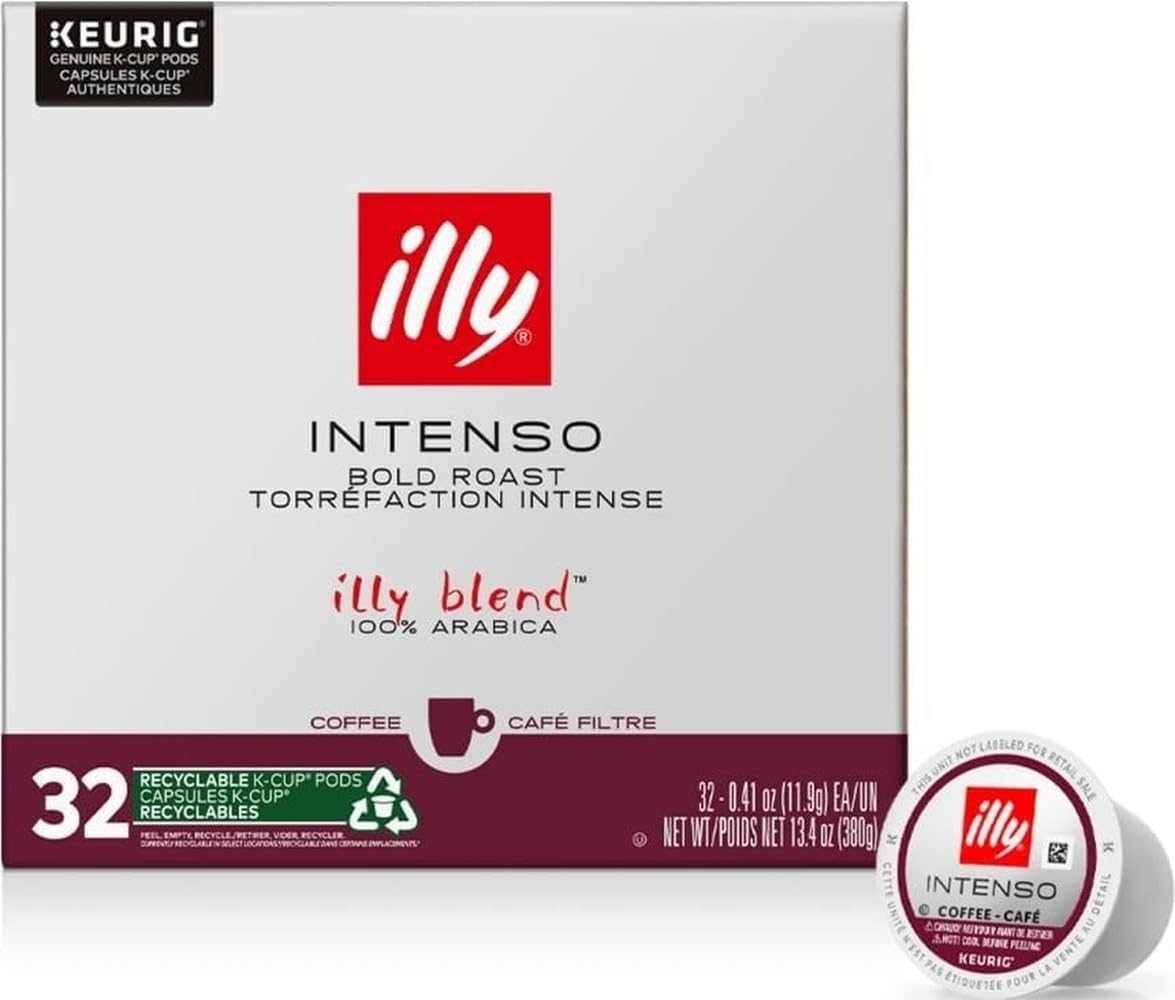 illy caja frontal Intenso K-Cup mostrando diseño y cantidad, resalta conveniencia