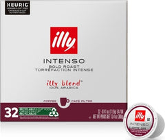 illy caja frontal Intenso K-Cup mostrando diseño y cantidad, resalta conveniencia