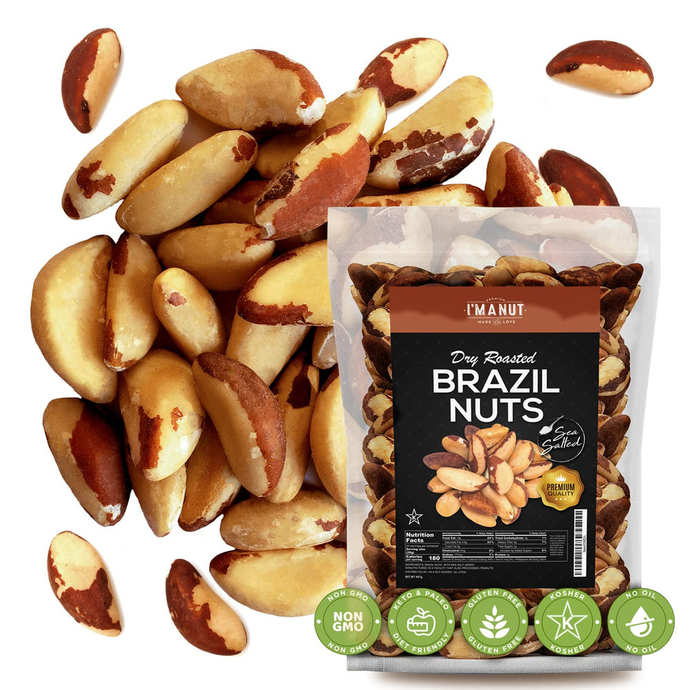 I'm A Nut frente del paquete de nueces de Brasil en bolsa resellable, conserva frescura